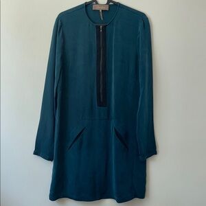 Max Azria Blue Sheath Dress Long Sleeve zip kangaroo pocket silk xs